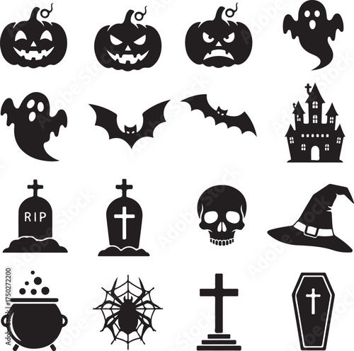 Spooky Halloween Collection: A collection of eerie Halloween icons, a symbol of the festive season, capturing the essence of fear and excitement in the autumn.