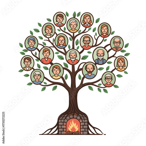 Family Tree Illustration with Generations and Fireplace Roots.