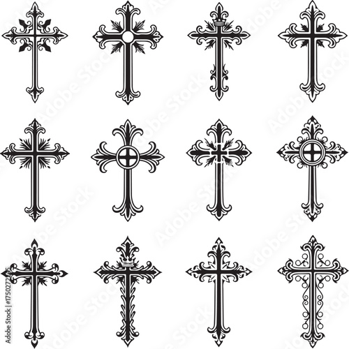 Ornate Crosses: A collection of intricately designed crosses, each displaying unique patterns and details, symbolizing faith and spirituality. 