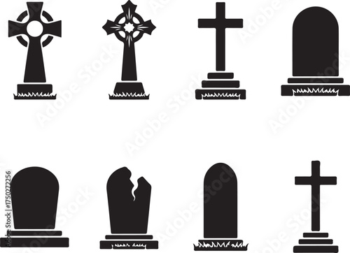 Symbolic Gravestones: A collection of gravestone silhouettes, each bearing a unique emblem and symbol, representing the solemn beauty of remembrance and memorial. 