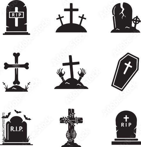 Graveyard Symbols: A collection of various grave symbols, epitomizing mourning, loss, and remembrance. These symbols present a stark representation of the cycle of life and death.