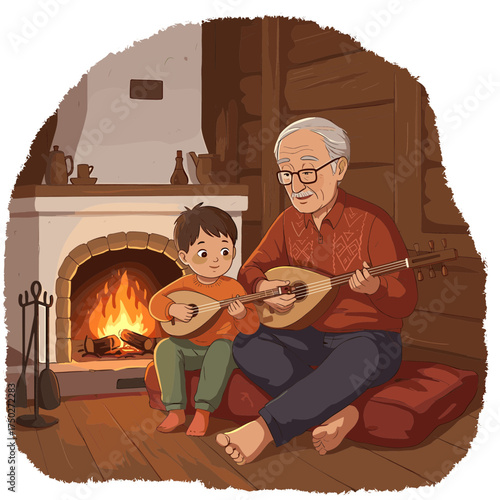 Grandfather and grandson playing music by the warm fireplace.