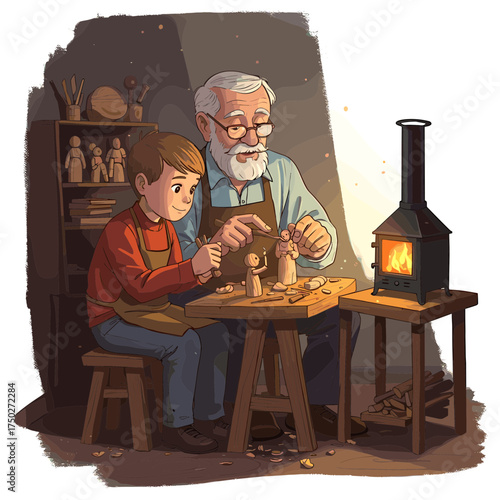 Grandfather and grandson engaged in woodworking hobby.