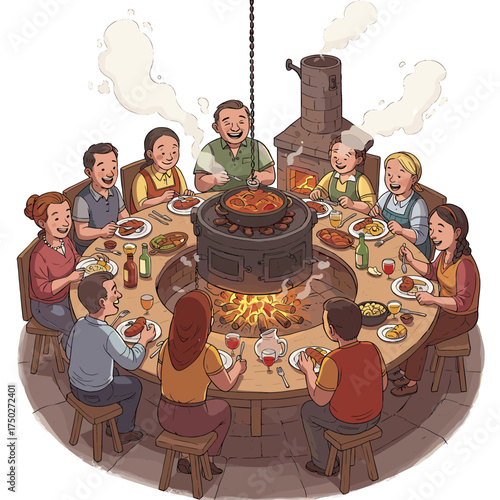 Happy diverse family and friends sharing a communal meal cooked over an open fire.