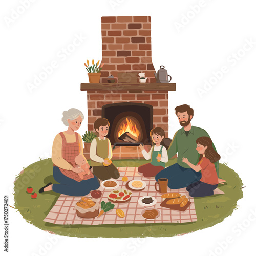 Happy multi generational family enjoying a cozy indoor picnic by the fireplace.