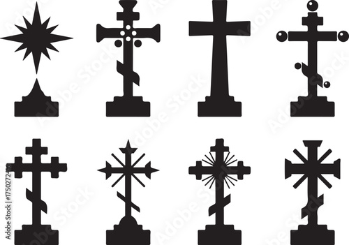 Sacred Crosses Silhouettes: A collection of sacred crosses silhouetted against a clean backdrop, each with a unique design and symbolic representation of faith.