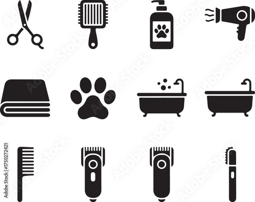 Pet Grooming Essentials: A minimalist illustration features a collection of essential pet grooming tools, offering a glimpse into the world of pet care and pampering.
