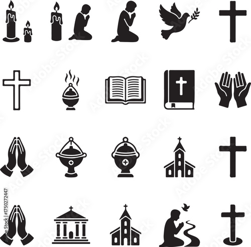Sacred Symbols and Spiritual Elements: A collection of carefully crafted silhouette icons representing core elements of faith, prayer, and divine presence.  Encompassing candles, praying figures.