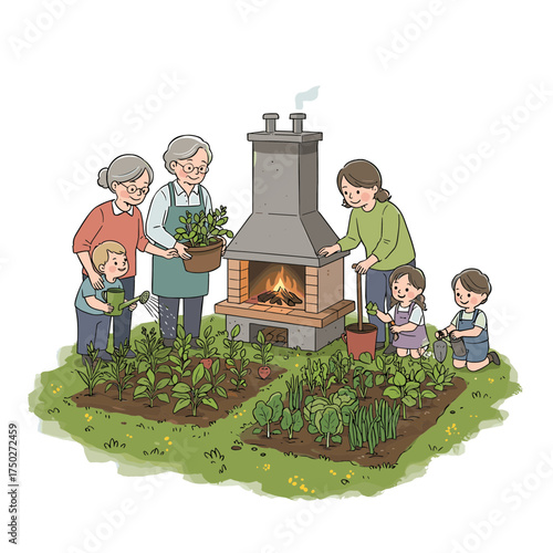 Happy multi generational family gardening together planting vegetables near a cozy fireplace.