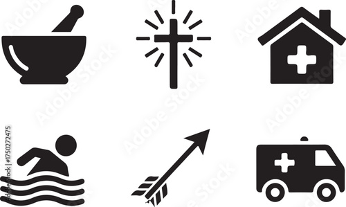 Symbolic Icons: A collection of six diverse icons, rendered in a bold, simplistic style, representing a variety of concepts, from healthcare to religious symbolism and sporting pursuits.