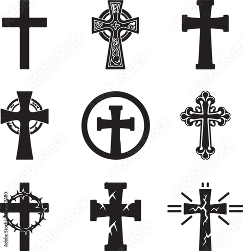 Diverse Cross Silhouettes: A collection of various cross silhouettes, each representing a different design, from simple to ornate, offering a rich tapestry of religious symbols.