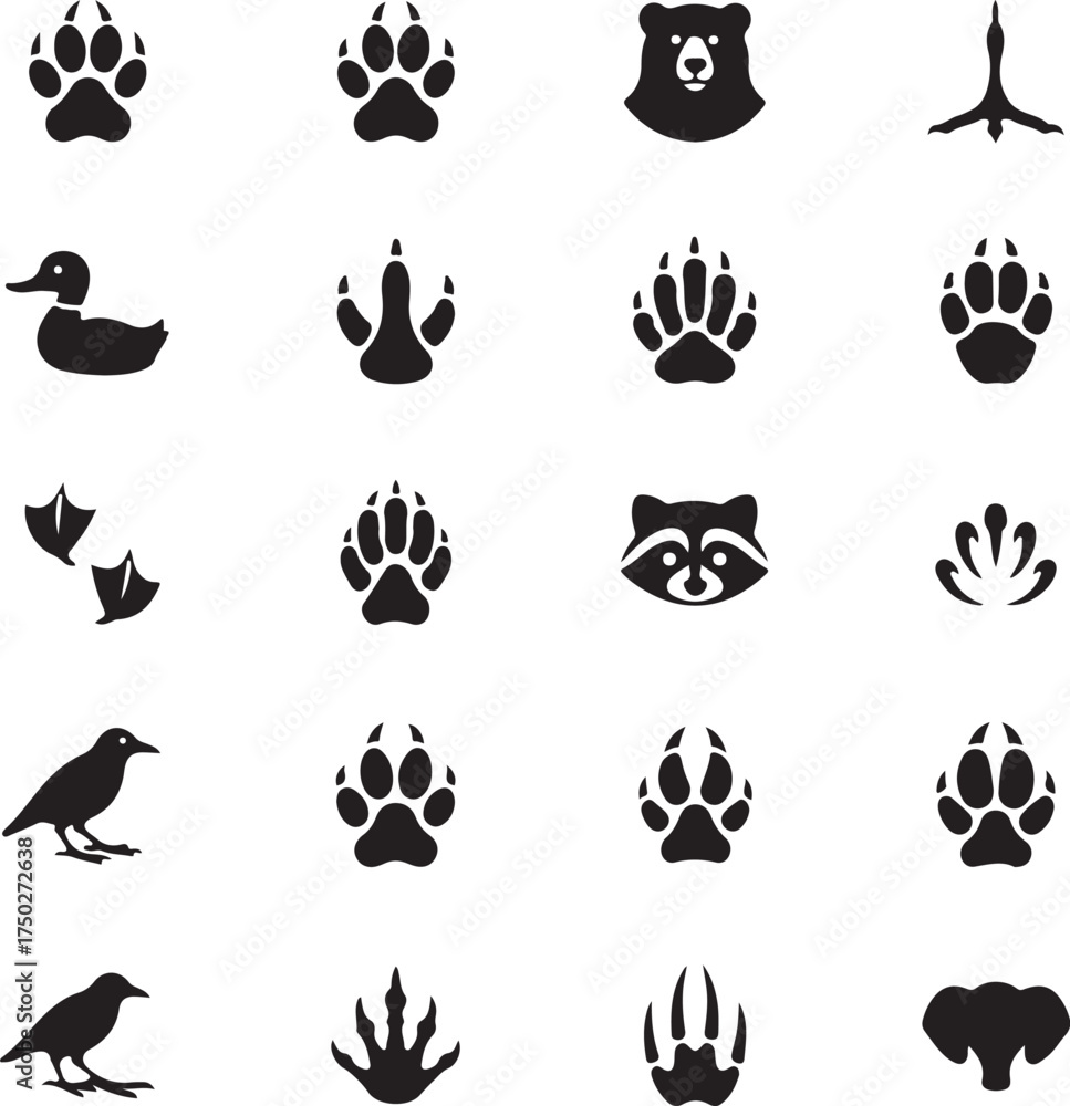 Fototapeta premium Animal Tracks Icon Set: A collection of animal tracks, capturing the various footprints left by a range of creatures. perfect for designs