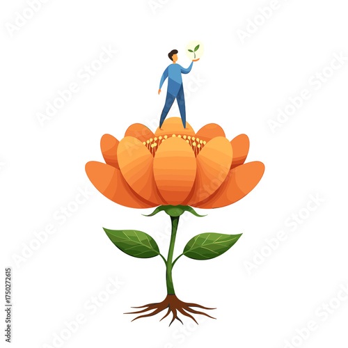 Man on Flower Holding Seedling Symbolizing Growth and New Life.