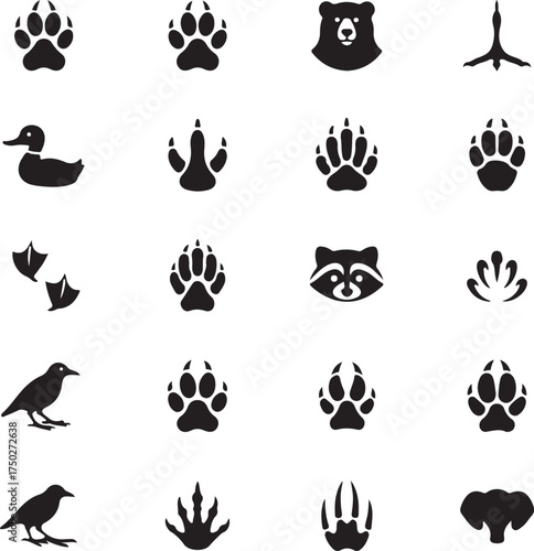 Animal Tracks Icon Set: A collection of animal tracks, capturing the various footprints left by a range of creatures. perfect for designs
