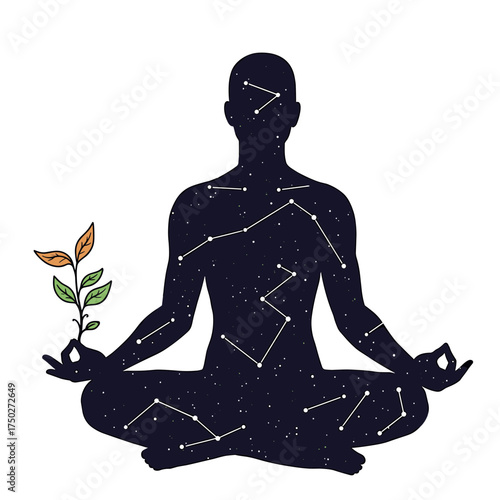 Meditating human silhouette filled with stars and constellations holding a green plant symbolizing growth and spirituality.