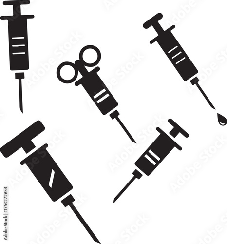 Medical Syringes: An artistic display of black syringes, essential medical tools, arranged in a dynamic composition, conveying themes of healthcare, treatment, and medical progress.