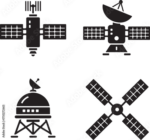 Space Satellite Icons: A collection of four detailed satellite illustrations in a simple and clean style, representing communication and exploration, with each satellite boasting unique designs. 