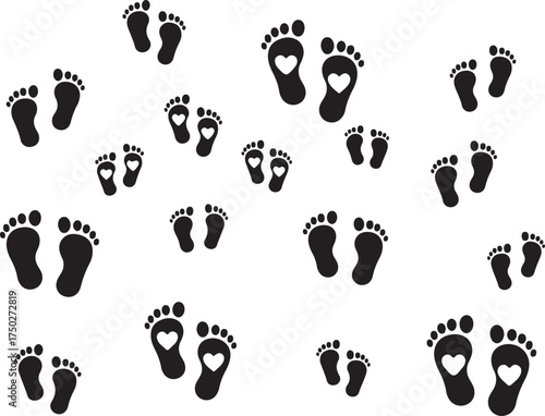 Footsteps of Love: A heartwarming collection of tiny footprints, some adorned with delicate hearts, scattered across a bright canvas, celebrating the journey of parenthood.