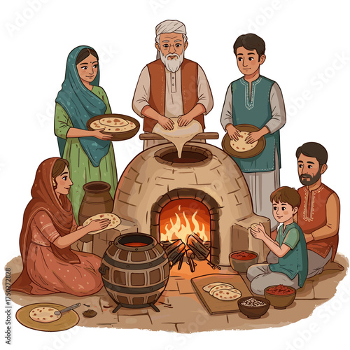 Traditional family gathering preparing bread in a clay tandoor oven.