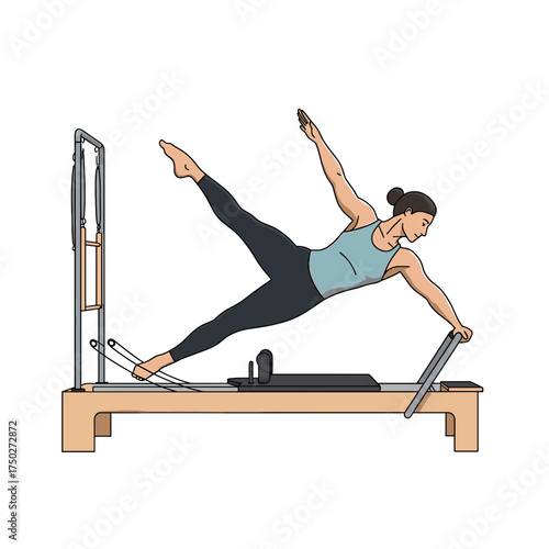 Woman performing side plank exercise on a Pilates reformer machine for fitness.