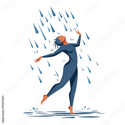 Woman dancing joyfully in the rain under a downpour.