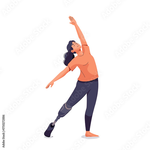 Woman with prosthetic leg performing a graceful yoga stretch.