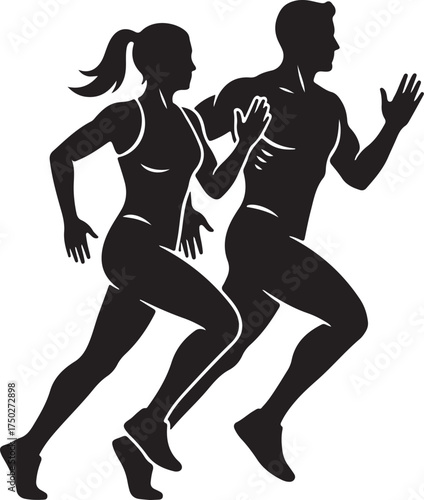 Dynamic Duo: Silhouette of a Man and Woman Sprinting: A powerful monochrome depiction of a male and female runner, captured mid-stride, exuding energy and determination as they race forward. 