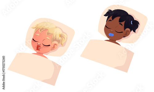 Flat design of children with taped mouths lying in bed to improve sleep and oxygenate the body. For brochures, internet, advertising