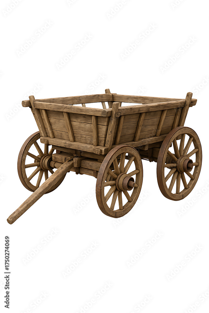 Fototapeta premium Antique Wooden Farm Cart Rustic Charm Vintage Wagon Old fashioned Cart Wooden Wheels Country High quality Realistic image.