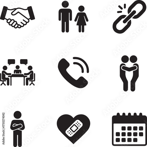 Conceptual Icons of Human Interactions: A comprehensive collection of black icons representing various facets of human connections and relationships, ideal for illustrating concepts like cooperation.