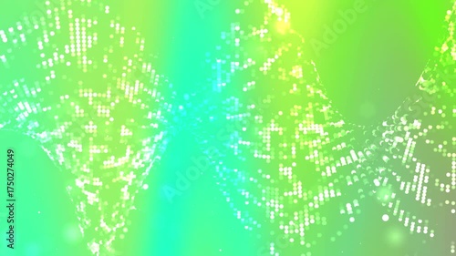 Abstract digital illustration of glowing dots forming a twisted wave structure on a bright green background, symbolizing data flow, technology, and futuristic network connections.
