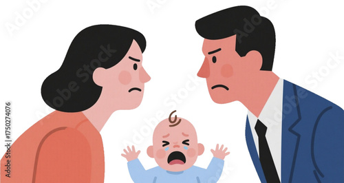 illustration of father and mother arguing and baby crying between them. isolated on white background.