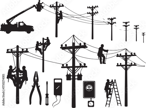 Electricians at Work: Depicting electricians diligently working on utility poles, the image showcases the essential tasks of maintaining power lines and ensuring electricity supply for the community.