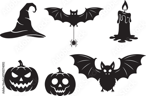 Halloween Icon Set: A collection of meticulously designed Halloween-themed silhouettes, featuring iconic symbols like a witch hat, bats, a flickering candle, and carved pumpkins.