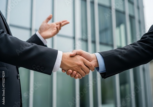 Two businessmen in suits shaking hands firmly in front of a modern office building symbolizing partnership and agreement