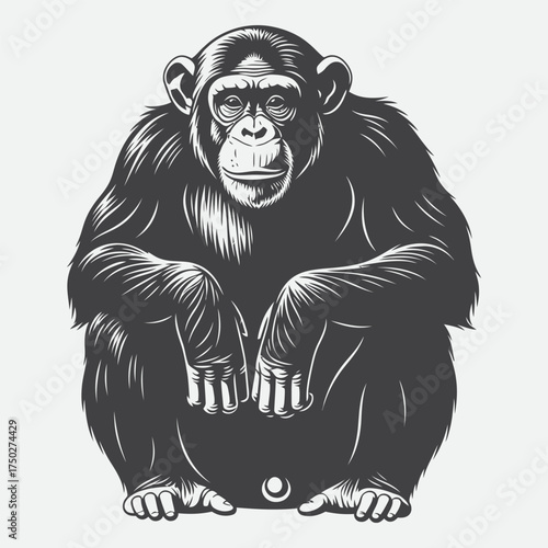 Monochrome Chimpanzee Sitting with Hands Resting on Knees Detailed Fur Texture.