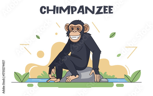 Cartoon Chimpanzee Sitting on a Rock Near Water with a Big Smile.