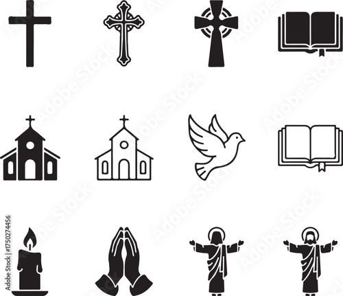 Religious Icons: A collection of symbolic illustrations representing faith, hope, and spirituality, inviting reflection on beliefs and values.