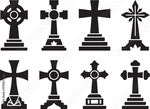 Monumental Crosses: A collection of intricately designed crosses, each a solemn symbol of faith and remembrance. Silhouetted against a clear backdrop.