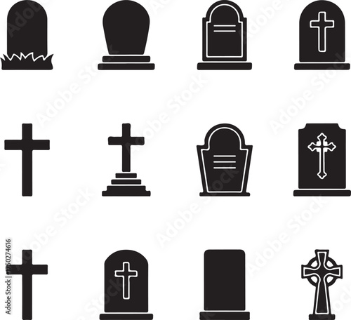 Silent Memorials: A stark collection of tombstones and crosses, silent sentinels, marking eternal resting places. Each silhouette stands as a poignant tribute to remembrance and reflection.