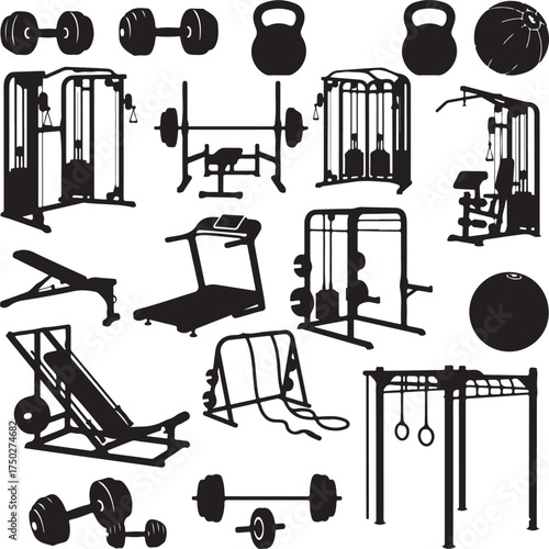 Gym Equipment Silhouette: A striking silhouette of diverse gym equipment, showcasing essential tools for fitness and strength training. Capturing the essence of a modern workout space