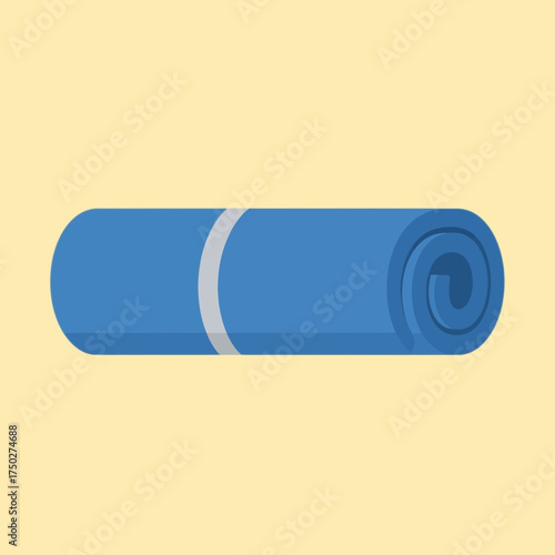 Rolled blue yoga mat with a strap on a beige background.