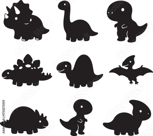 Cute Dinosaurs Silhouettes: Adorable silhouettes of various dinosaur species, perfect for playful designs and creative projects. A charming depiction of ancient creatures.
