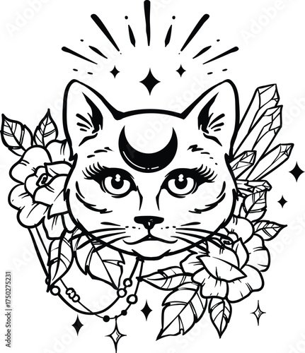 Cat with moon and crystals mystical tattoo drawing art
