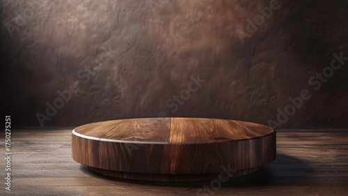Empty round wooden pedestal on a dark, textured background, perfect for product presentation or display.
