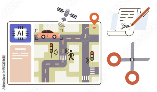 AI-powered map analyzes traffic, pedestrian signals, and autonomous vehicle data. Includes satellite, digital contract signing, scissors. Ideal for AI, automation, tech transportation innovation