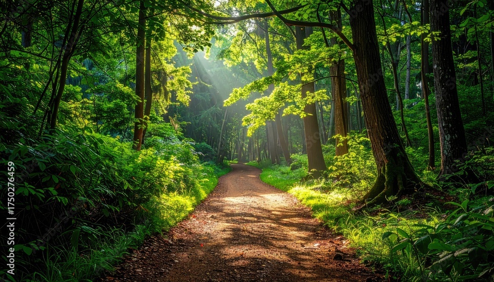 Fototapeta premium Sunlit Forest Path: Lush Green Canopy and Dirt Trail
