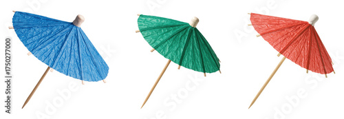 Colorful Red, Green, and Blue Paper Cocktail Umbrella Picks Set, Decorative Tropical Drink Garnish for Parties, Isolated on Transparent and White Background