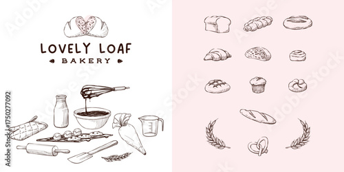 Bakery loaf logo design with set of hand drawn vintage illustration of baking utensils and variation of bread items for label, store front, package, wrap, media content, print, and poster element