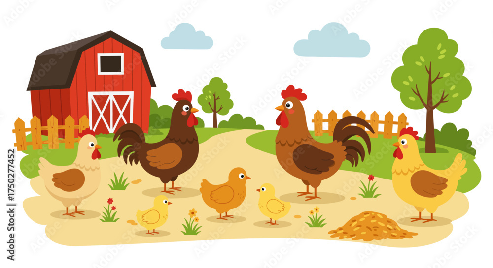 Obraz premium Farmyard Friends: Chickens Rooster and Barnyard Scene.